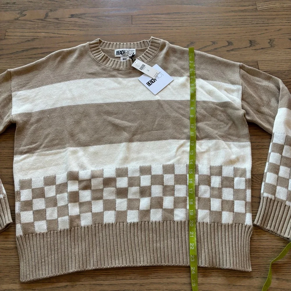 Beach‎ Riot Womens Taupe Striped Checkerboard Knit Sweater Size Medium NWT